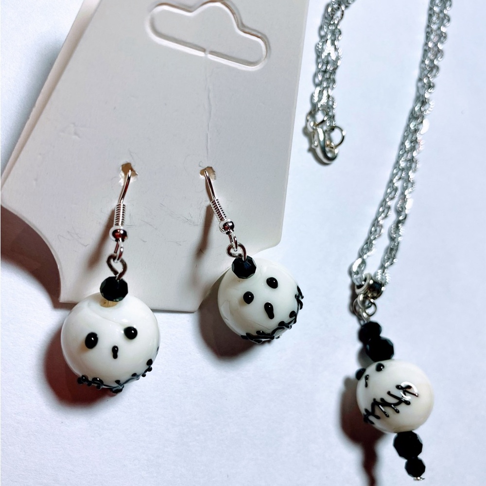 Skeleton glass beaded necklace and earrings set